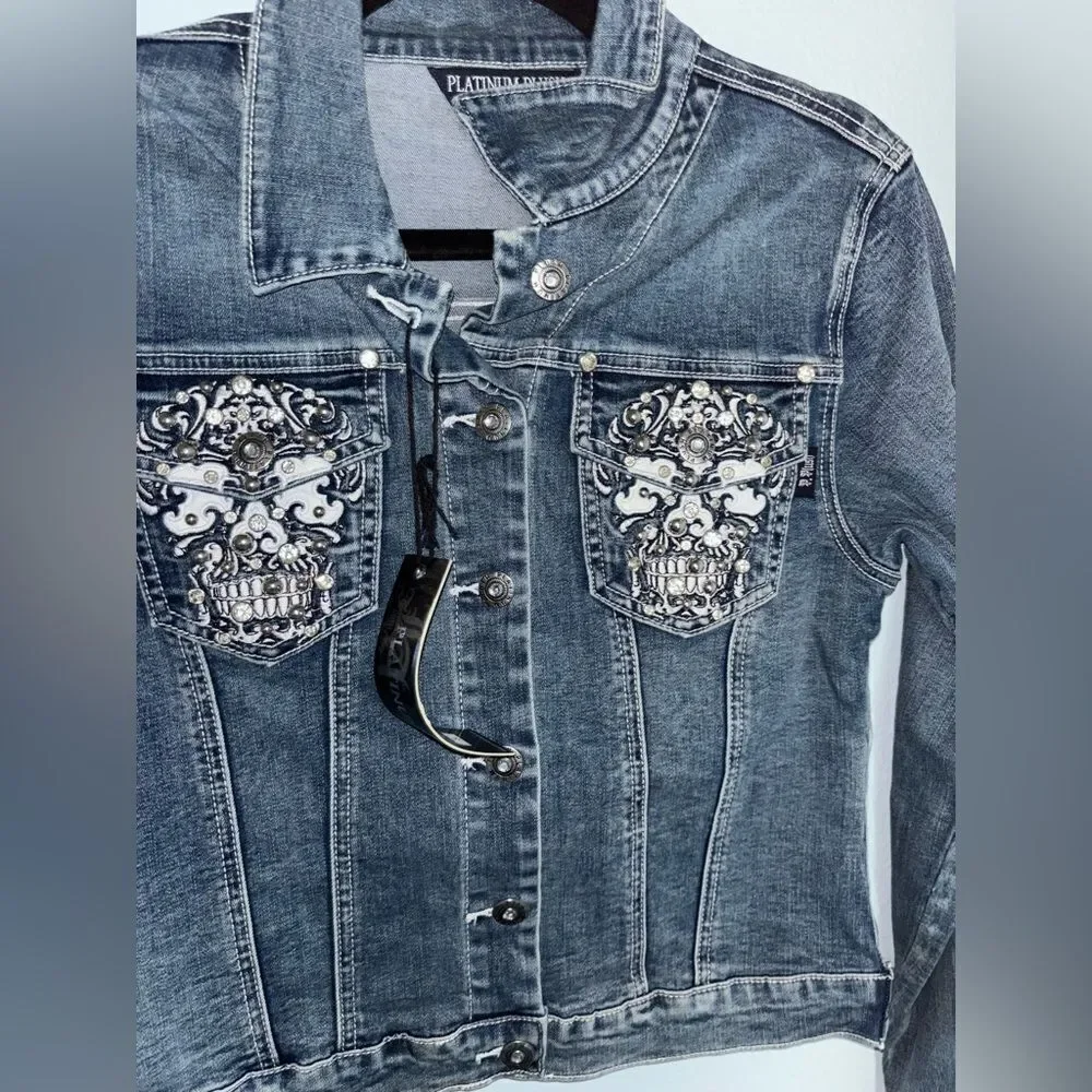 Platinum Plush Rhinestone Denim Jacket with Candy Skull Design - Picture 6 of 8